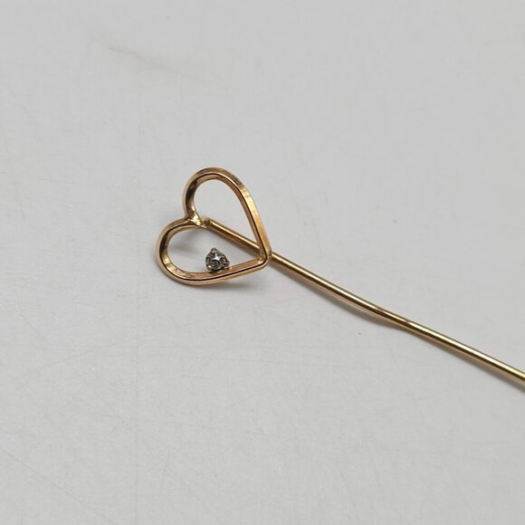Heart Shaped Gold Tone Stick Pin Brooch With Clear Rhinestone Accent - Picture 2 of 5